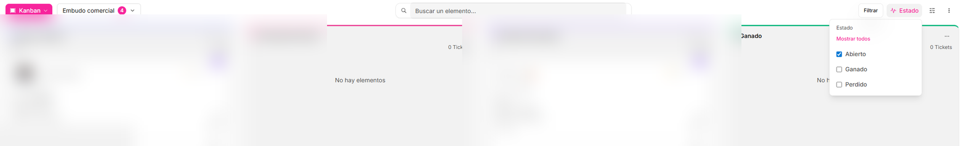 Cómo filtrar el tablero por estado comercial — Waclis Inbox