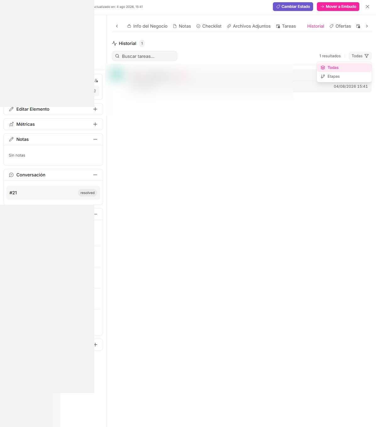 Cómo consultar el historial de cambios de una tarjeta Kanban — Waclis Inbox
