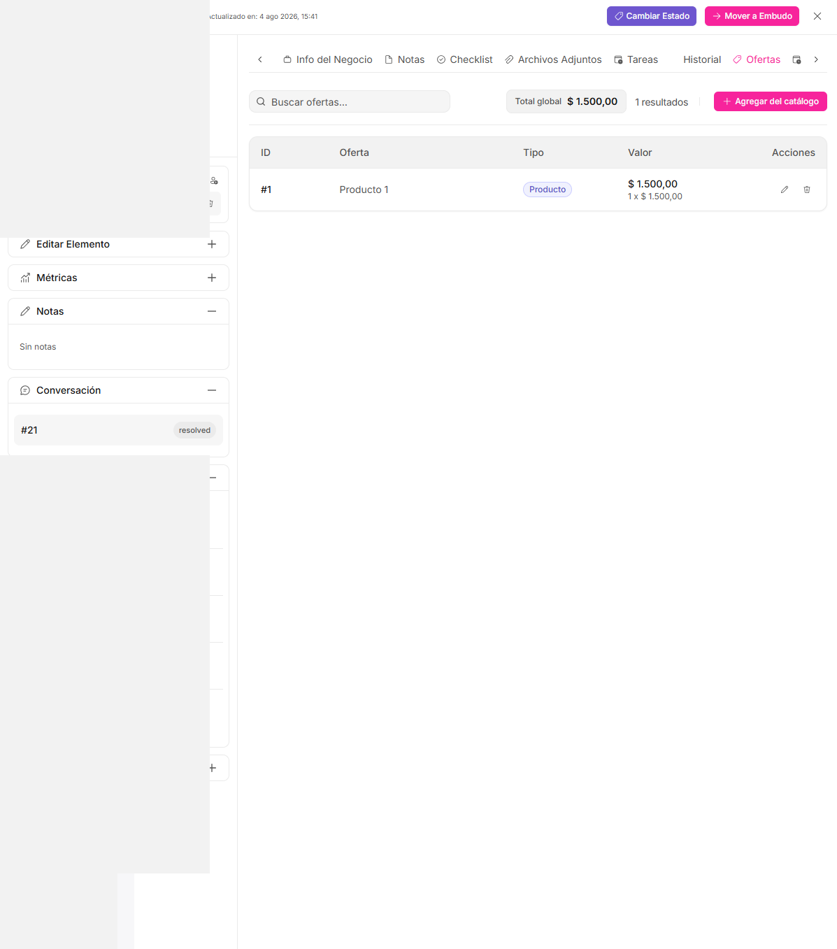 Cómo gestionar ofertas vinculadas a una tarjeta Kanban — Waclis Inbox