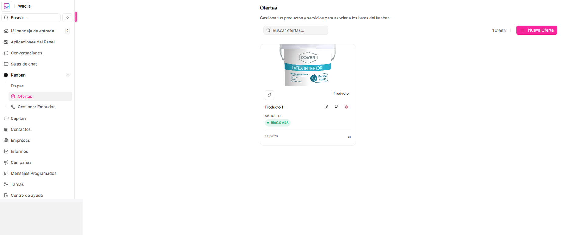 Cómo gestionar el catálogo de ofertas de Kanban — Waclis Inbox
