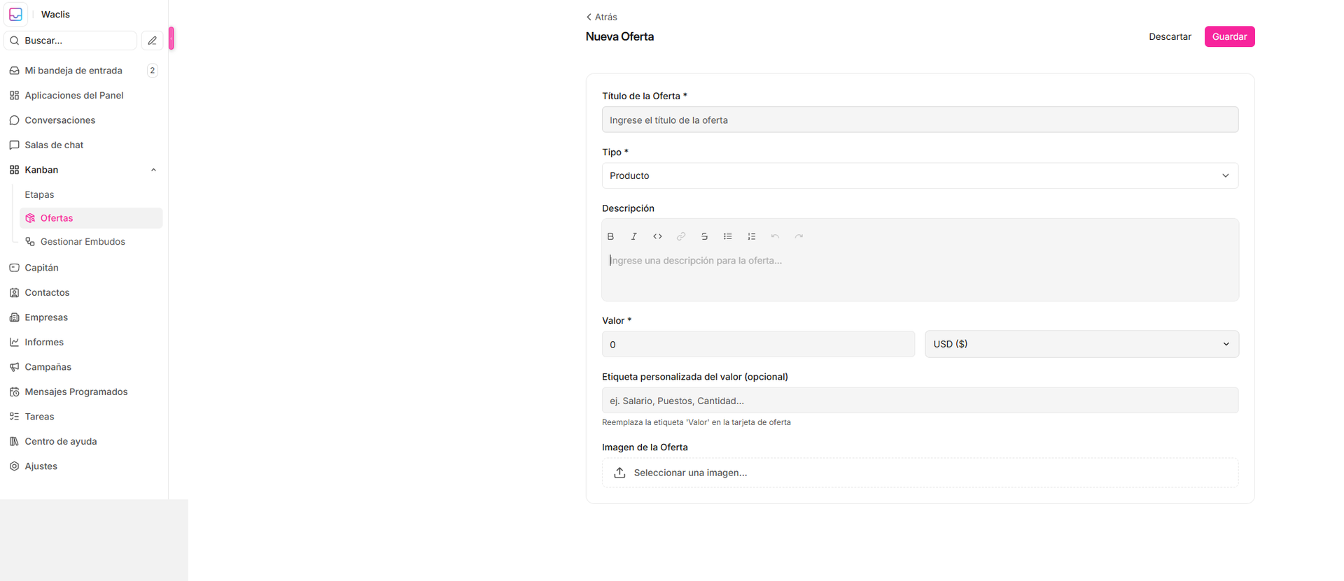 Cómo crear una oferta para el catálogo Kanban — Waclis Inbox