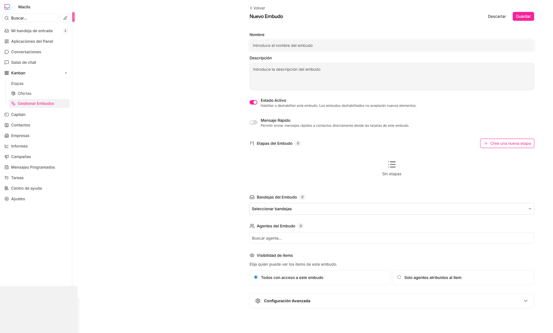 Cómo crear y configurar un embudo personalizado — Waclis Inbox