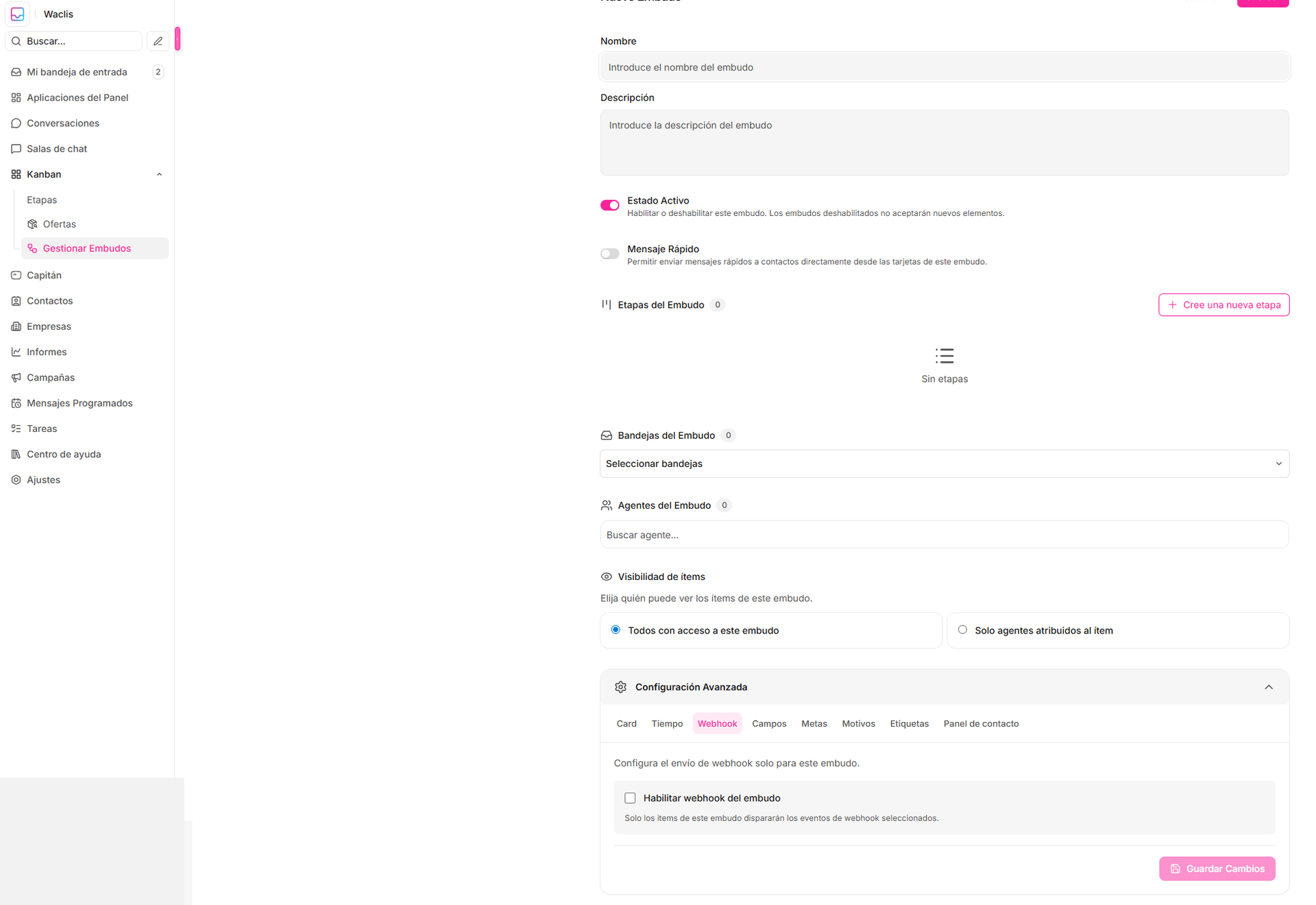 Guía de configuración avanzada de embudos Kanban — Waclis Inbox