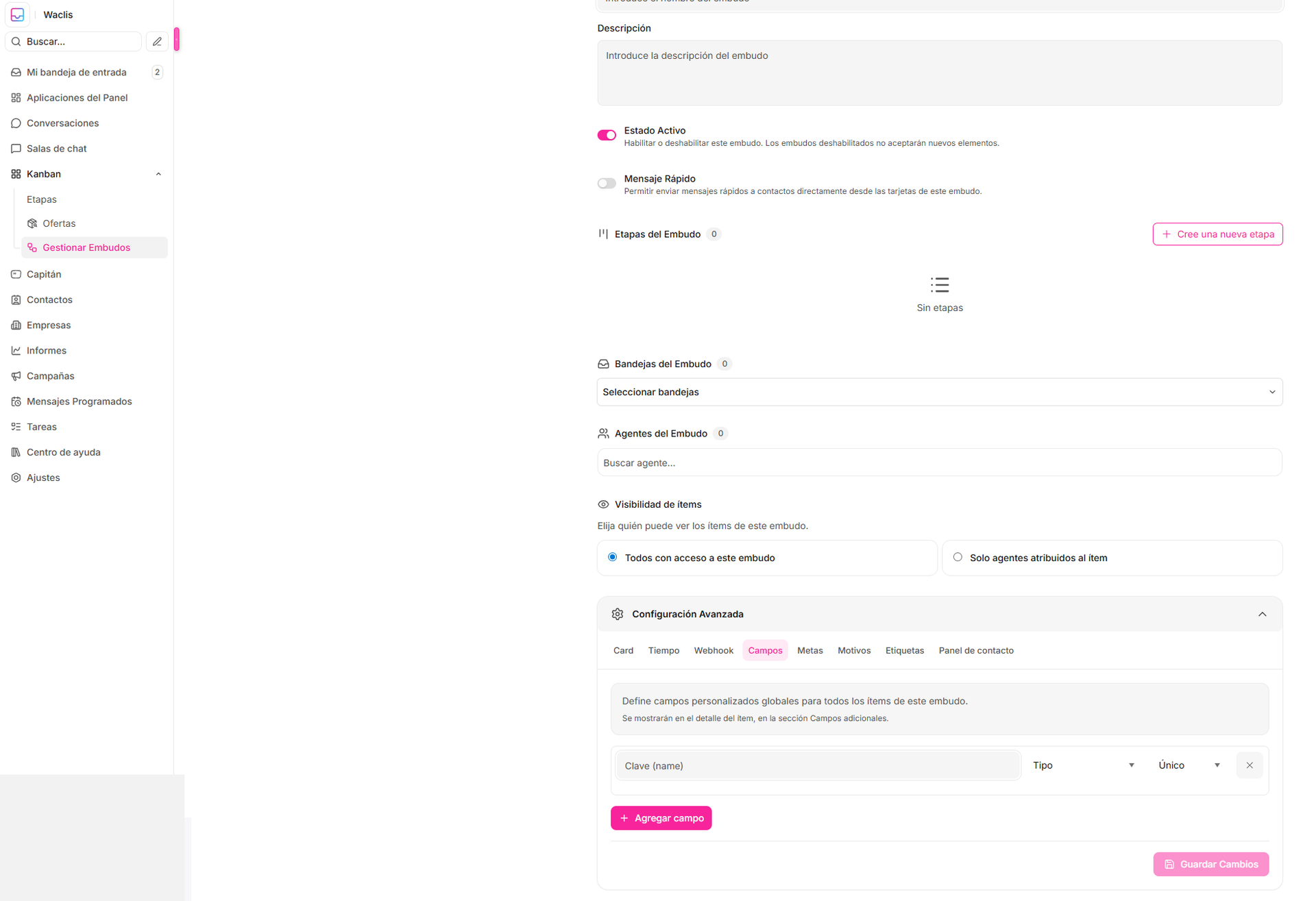 Guía de configuración avanzada de embudos Kanban — Waclis Inbox