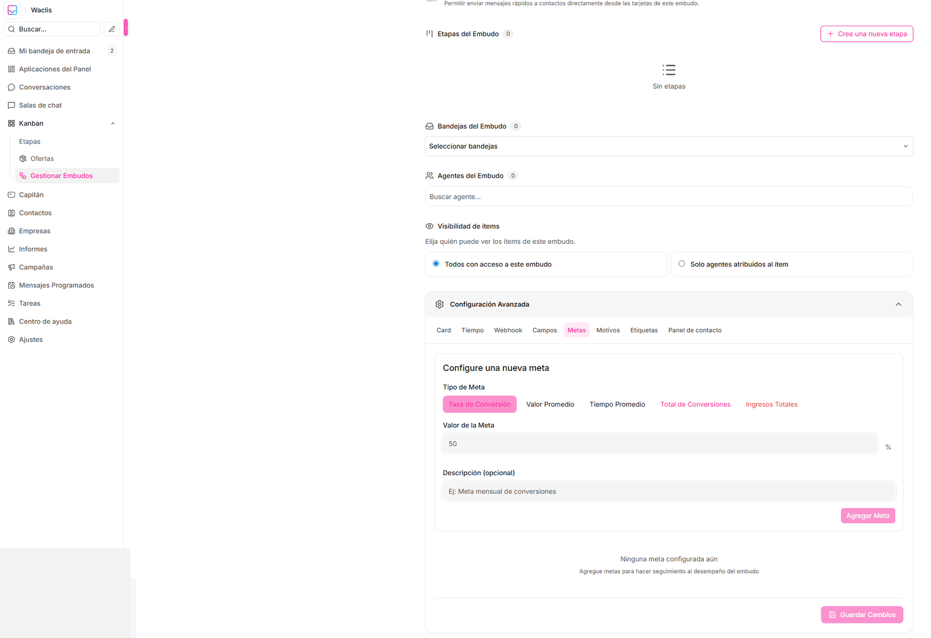 Guía de configuración avanzada de embudos Kanban — Waclis Inbox