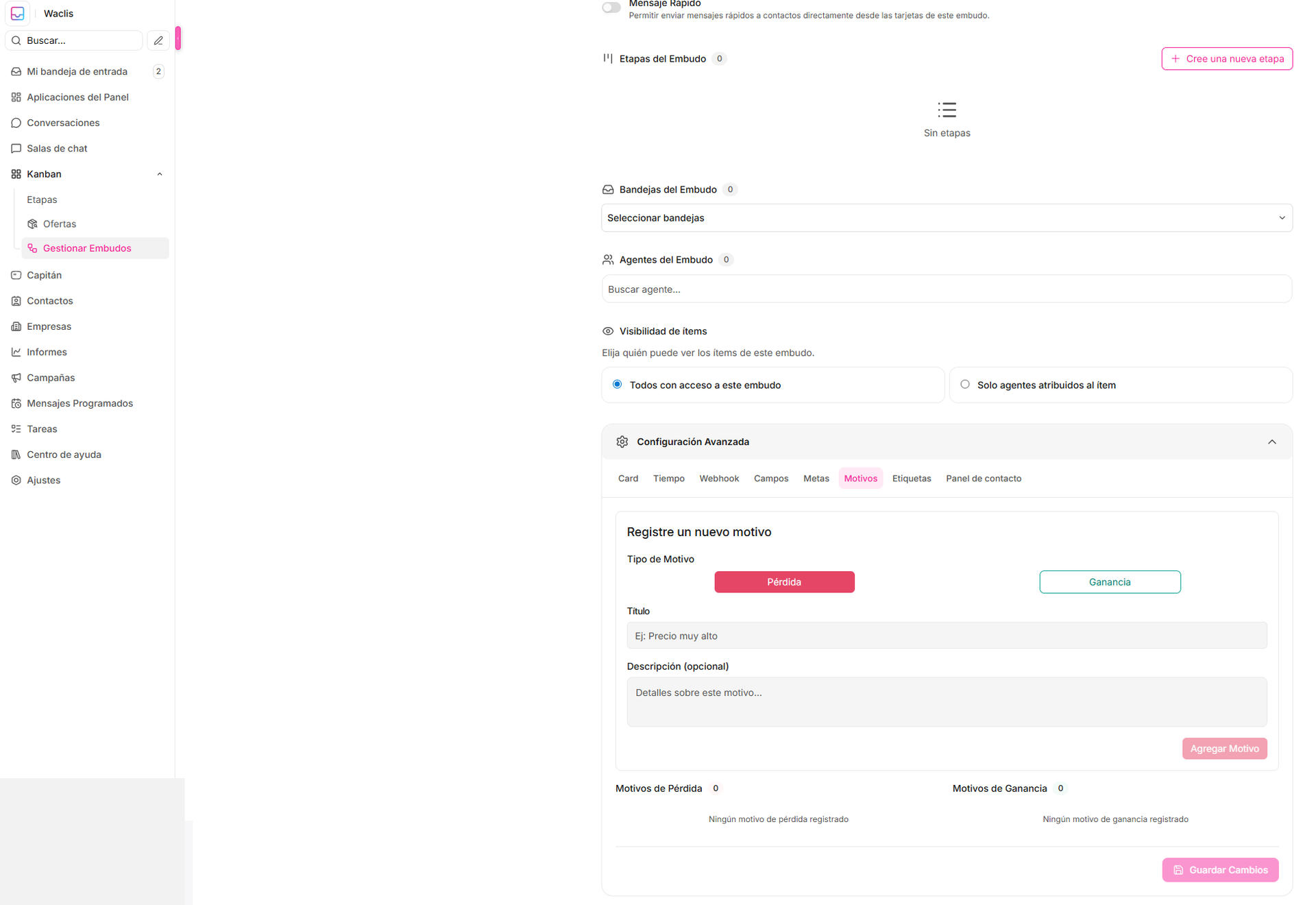 Guía de configuración avanzada de embudos Kanban — Waclis Inbox