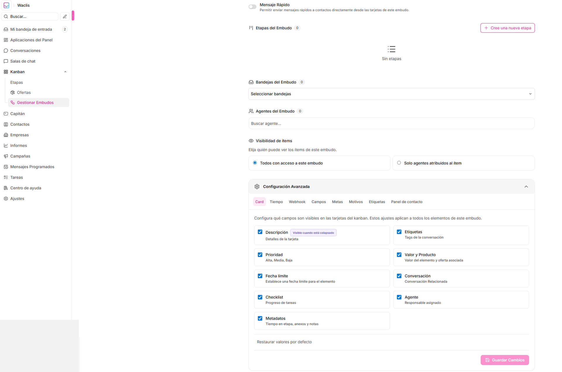 Cómo configurar la información visible en las tarjetas Kanban — Waclis Inbox