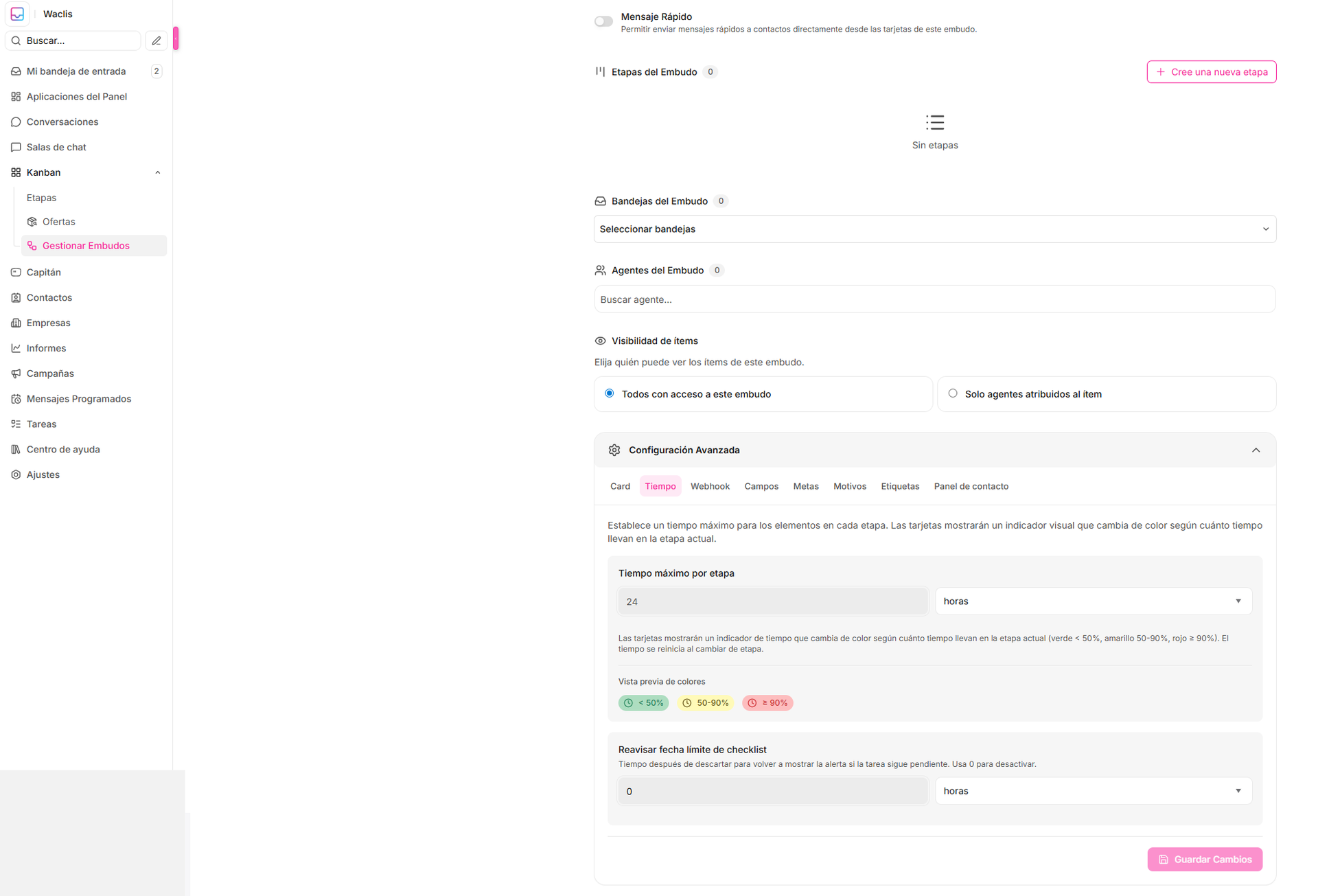 Cómo configurar tiempos y vencimientos en un embudo Kanban — Waclis Inbox