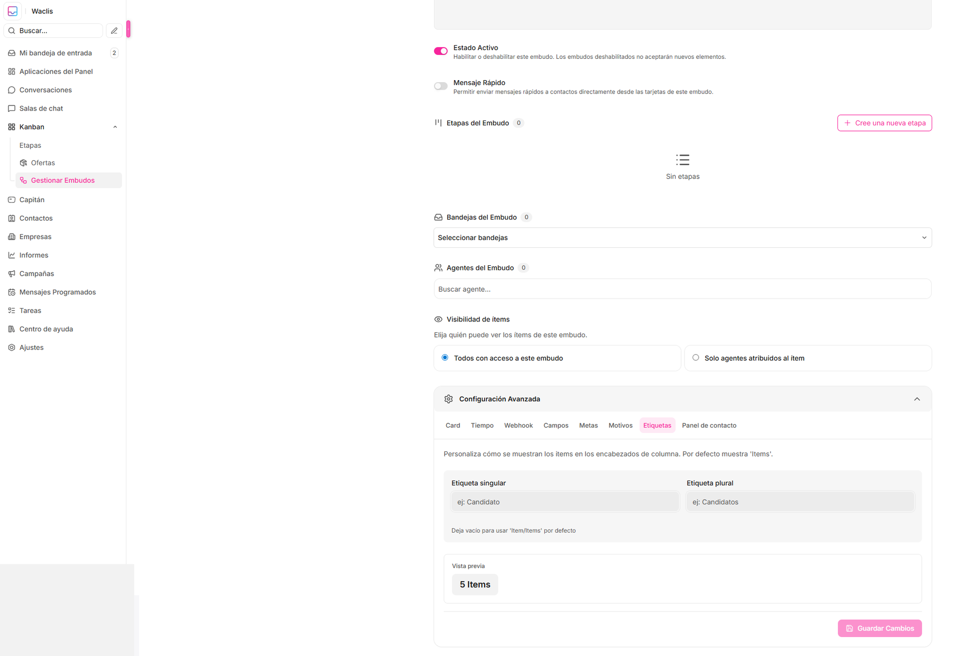 Referencia de metas, motivos, etiquetas y panel de contacto en Kanban — Waclis Inbox