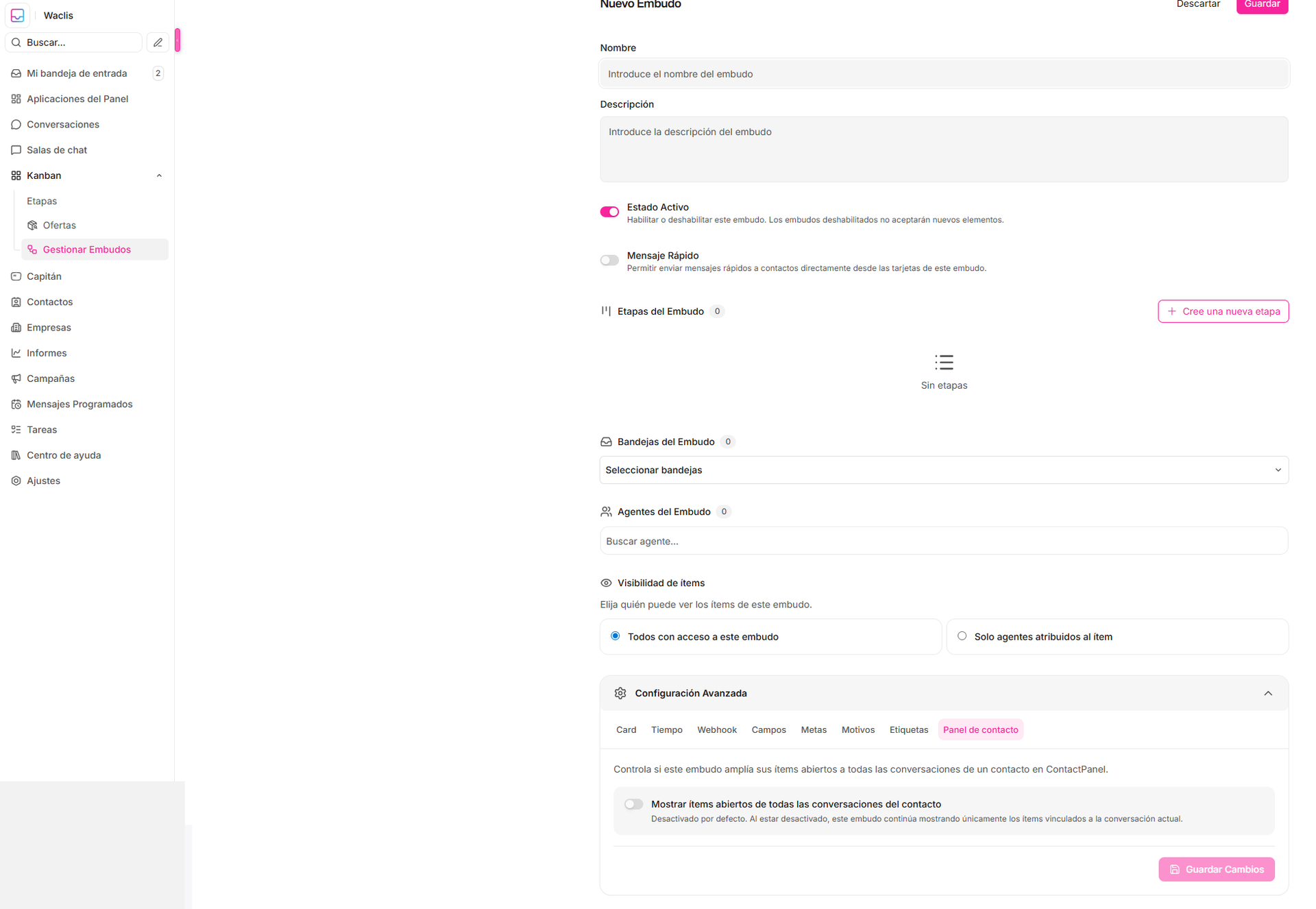 Referencia de metas, motivos, etiquetas y panel de contacto en Kanban — Waclis Inbox
