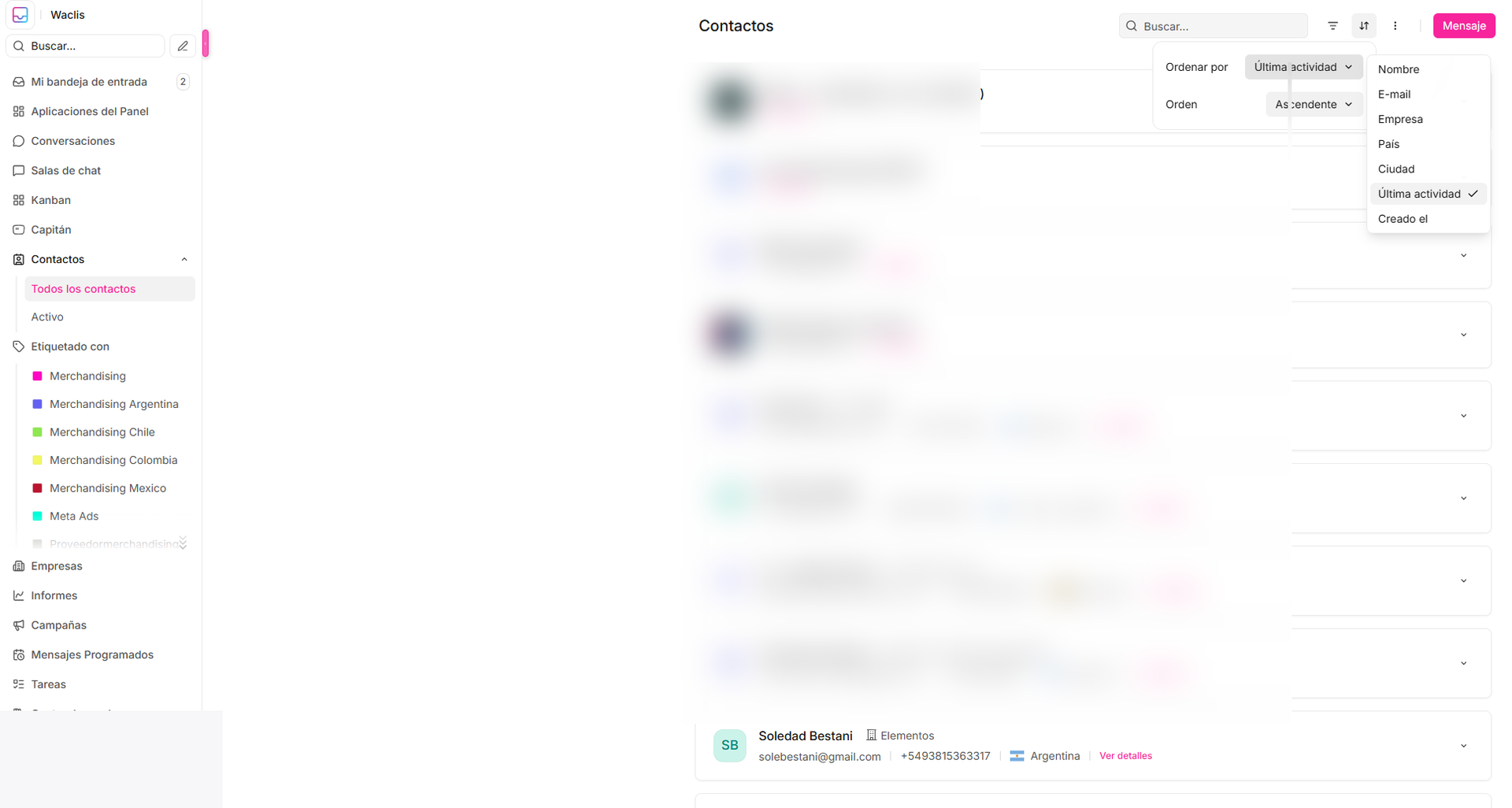 Opciones para ordenar contactos