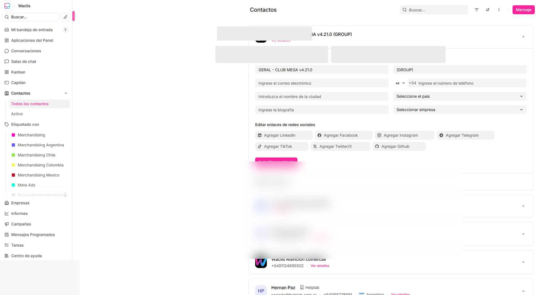 Contacto desplegado para editar