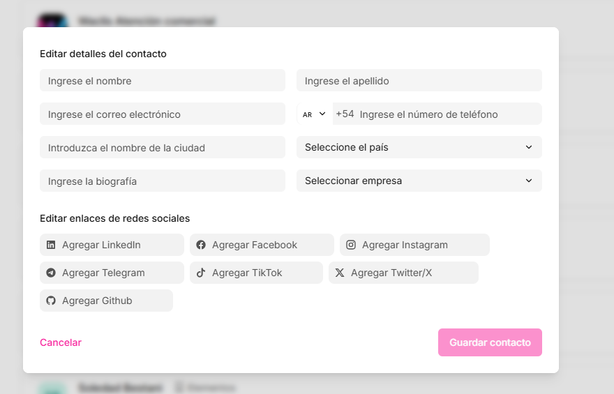 Campos estándar del contacto