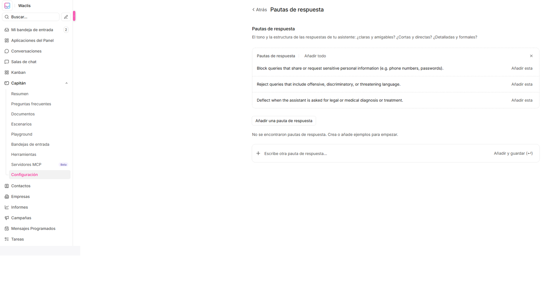Cómo configurar pautas de respuesta para WIA