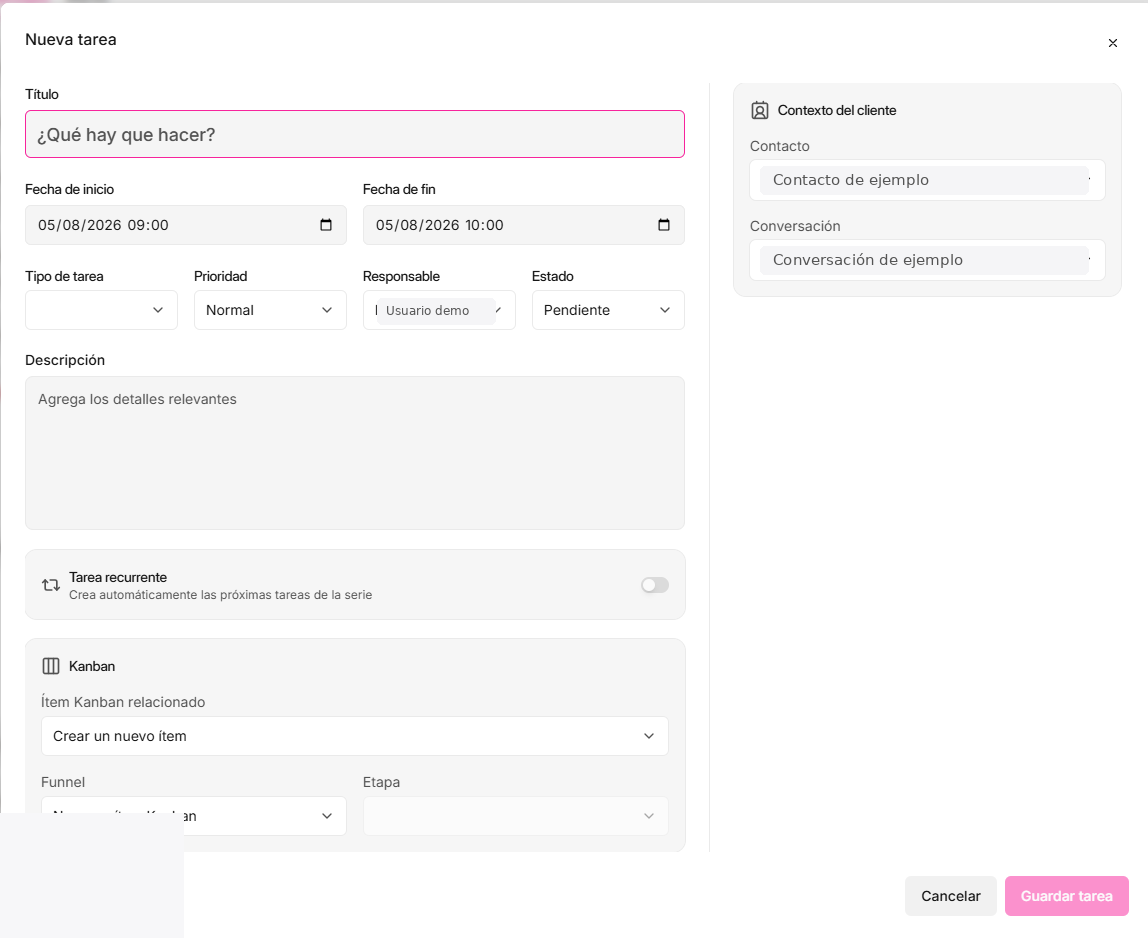 Cómo completar los campos de una nueva tarea — Waclis Inbox