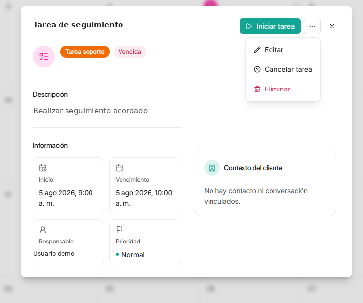 Referencia de campos, estados y acciones de tareas — Waclis Inbox