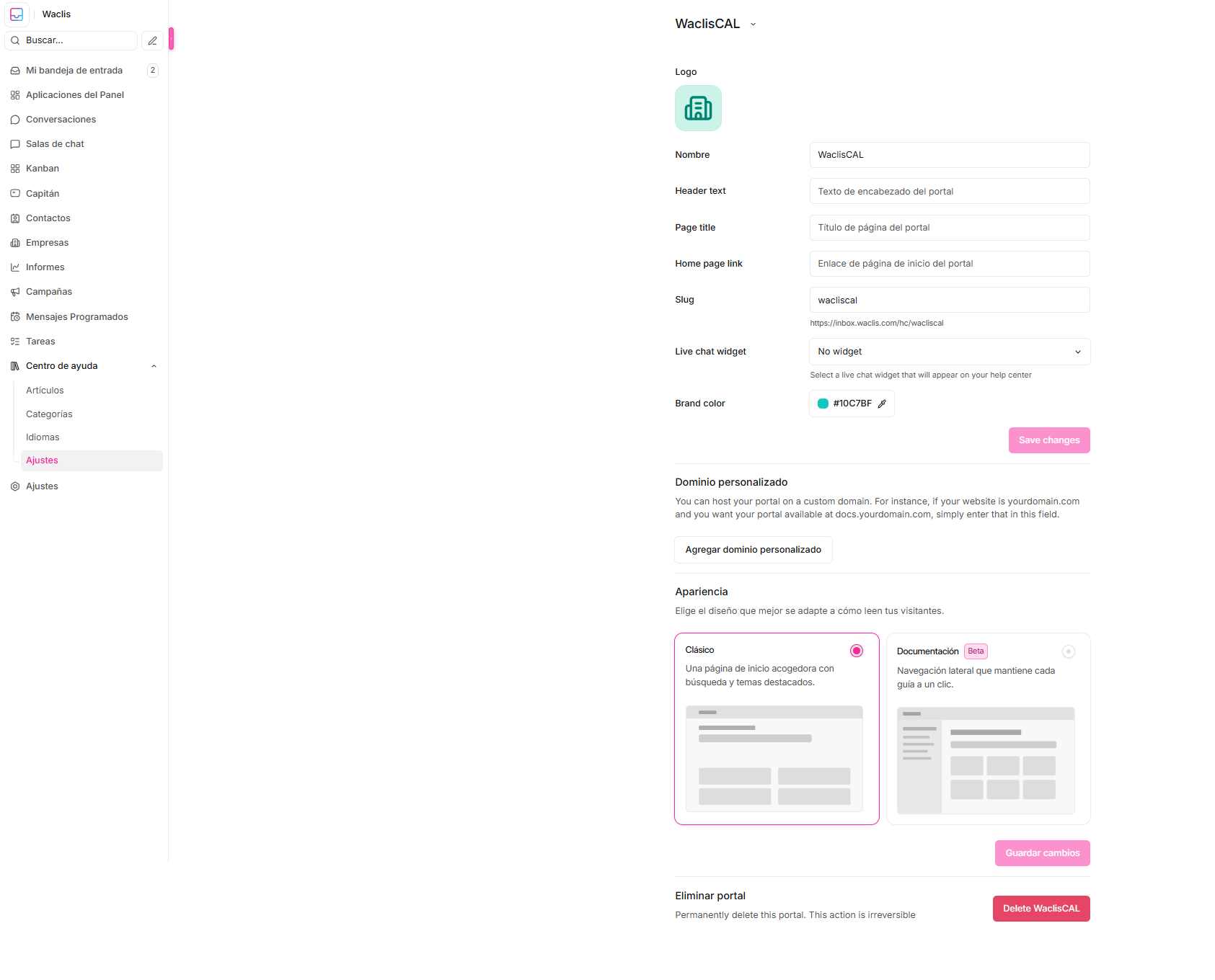 Referencia de configuraciones del portal