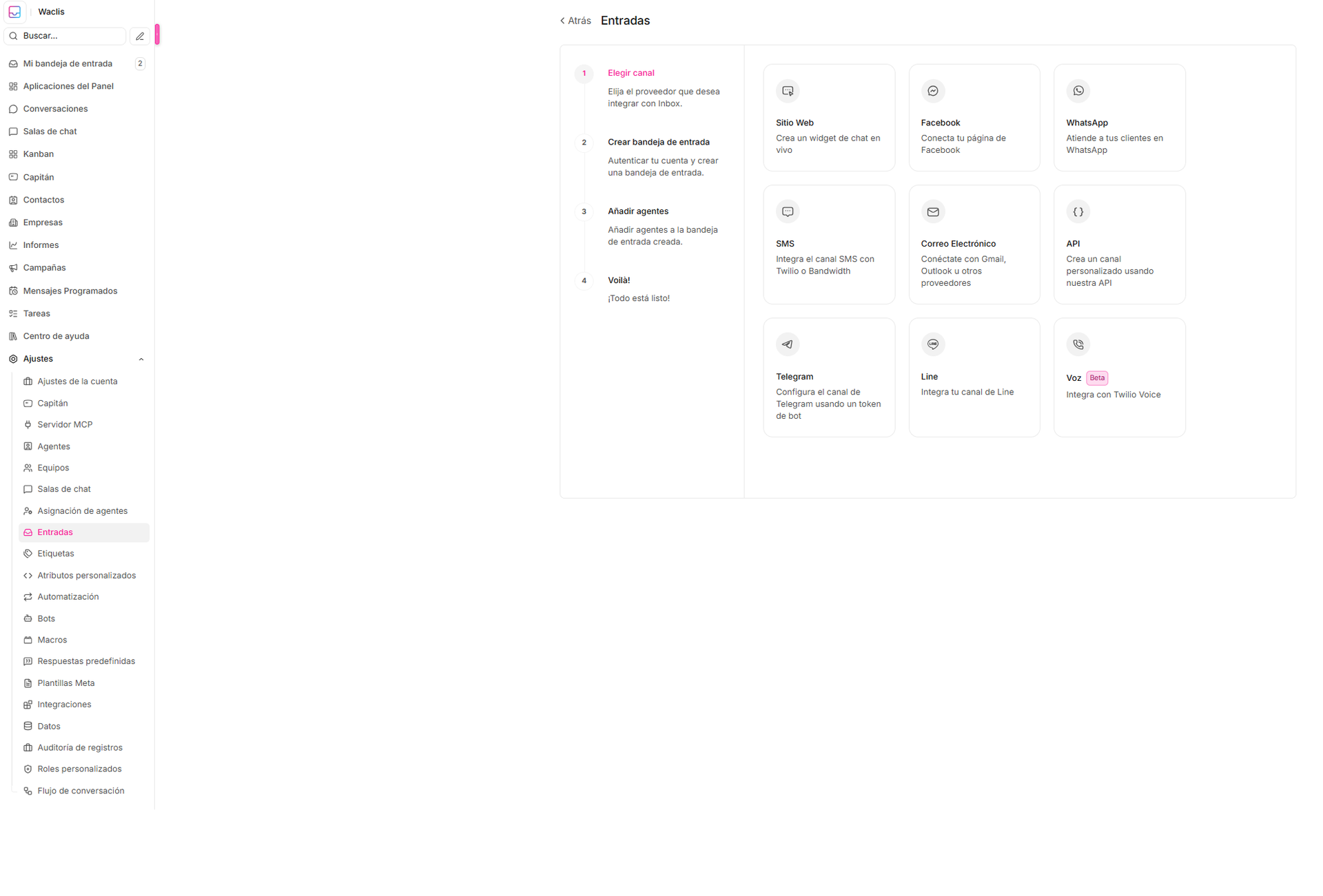 Tipos de bandejas disponibles — Waclis Inbox