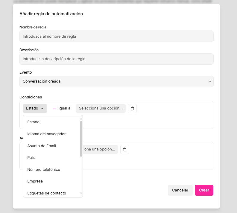 Referencia de condiciones y operadores de automatización