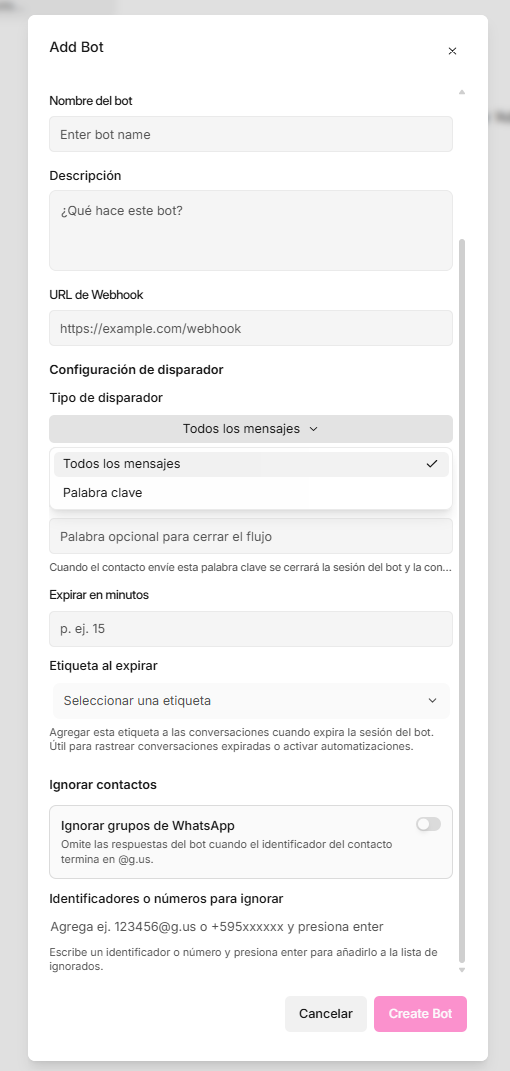 Referencia de configuración de bots