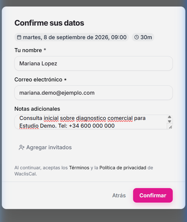 Experiencia de reserva de WaclisCAL en dispositivo móvil