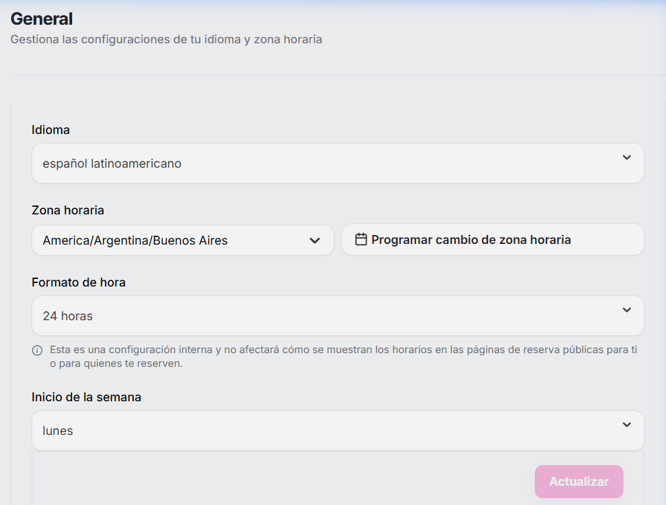 Ajustes de zona horaria e idioma en Configuraciones General de WaclisCAL