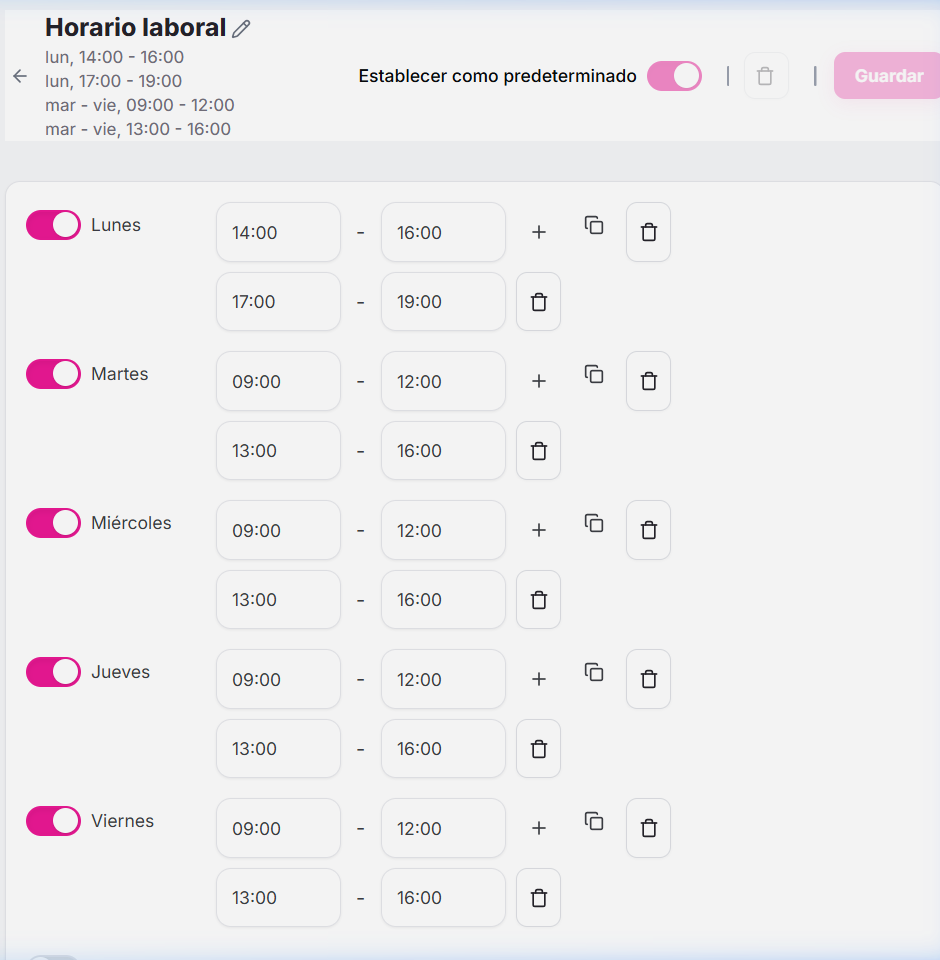 Esquema semanal de disponibilidad en WaclisCAL con días y pausas intermedias