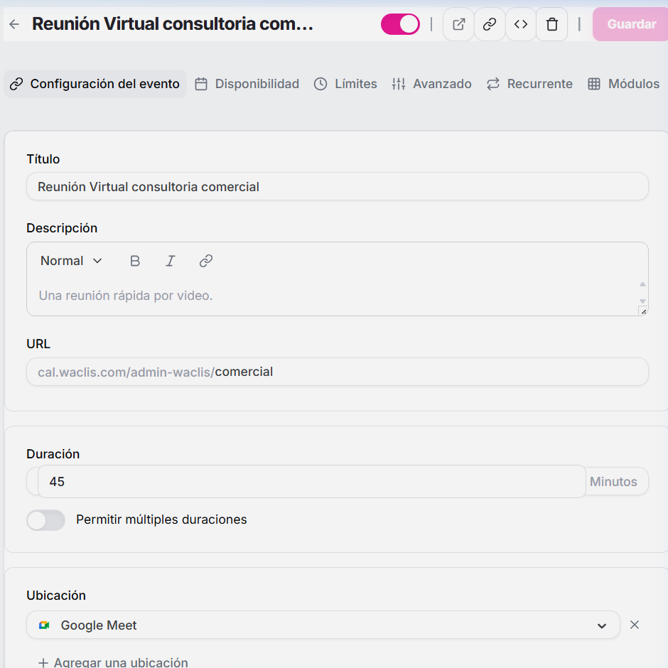 Formulario de configuración de Tipo de Evento en WaclisCAL