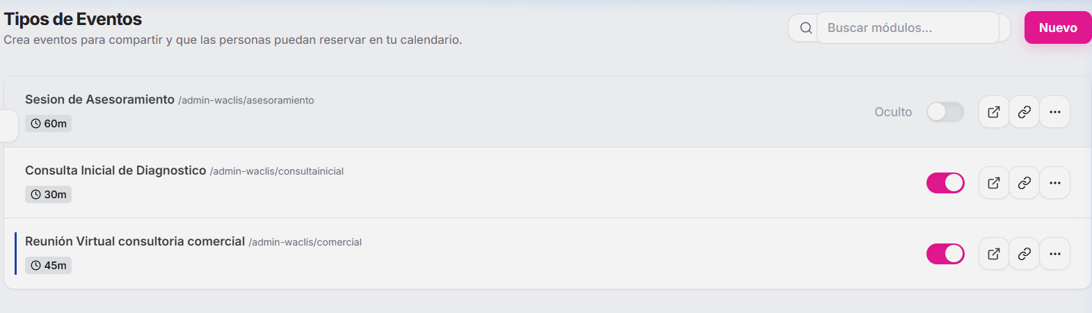 Listado de Tipos de Eventos en WaclisCAL mostrando catálogo de servicios