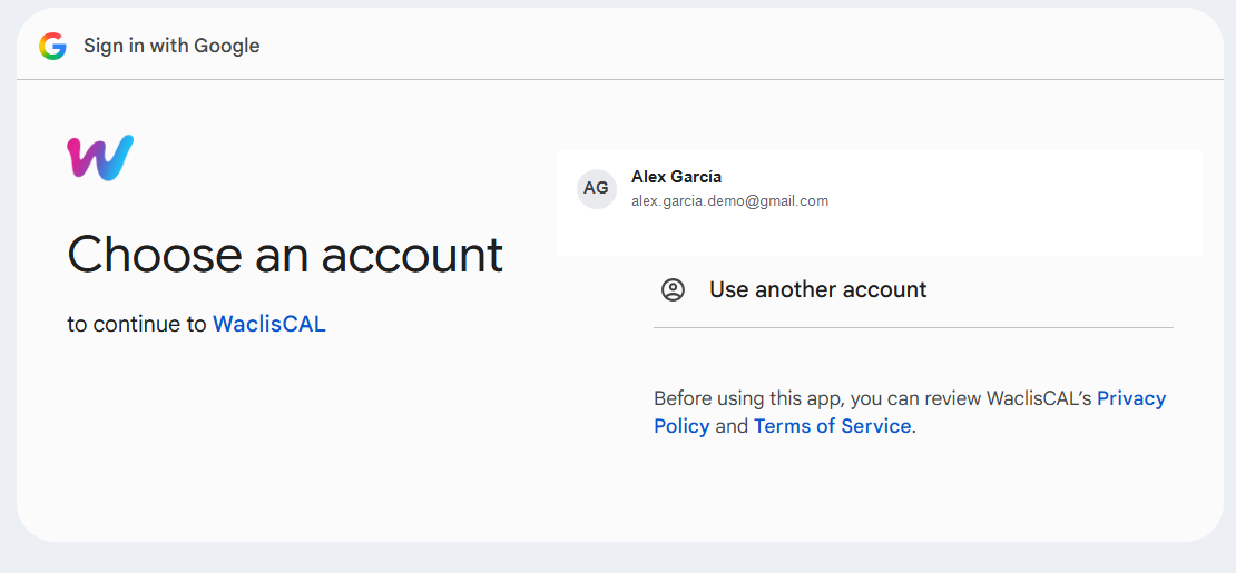 Pantalla oficial de autorización de cuenta de Google para WaclisCAL