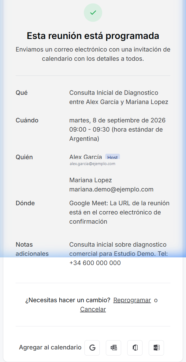 Comprobante de reserva confirmada con integración a Google Calendar
