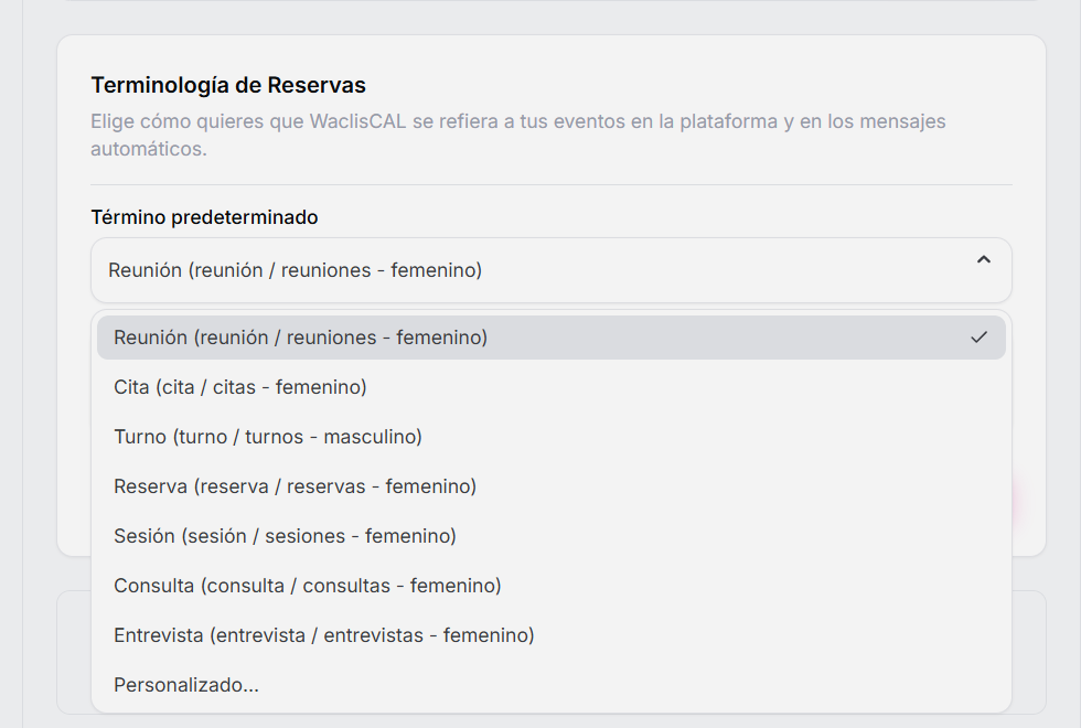 Selector de terminología en WaclisCAL mostrando opciones de vocabulario