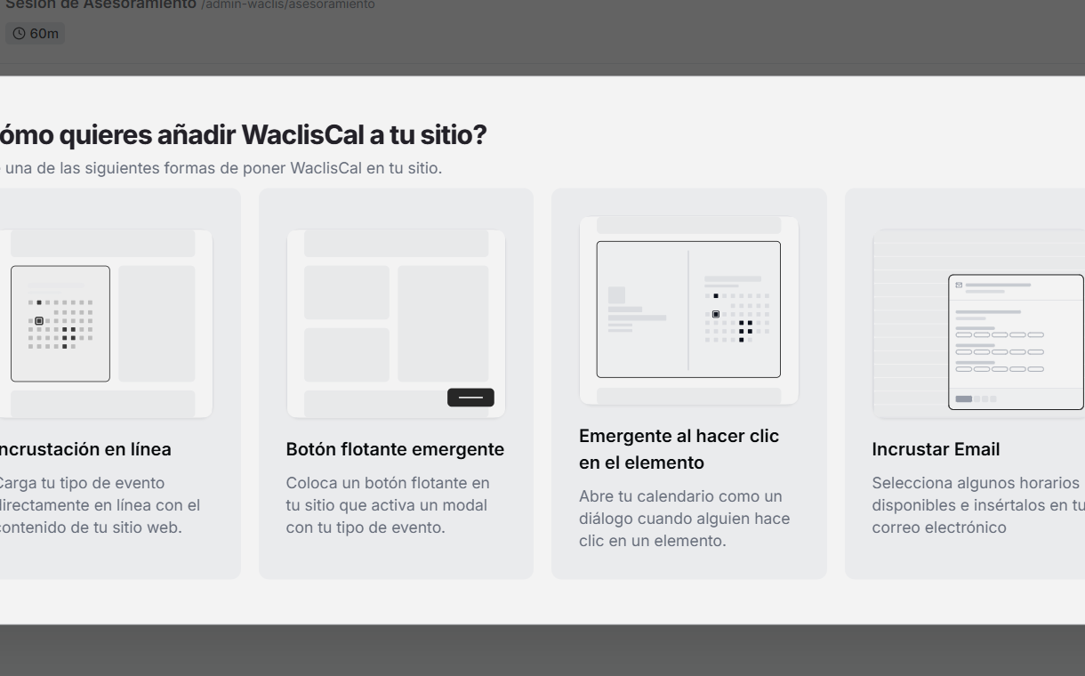 Modal de opciones de compartir e incrustación web en WaclisCAL