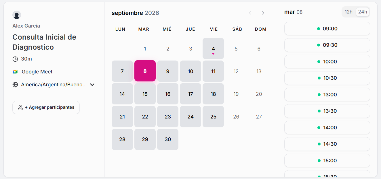 Página pública de reservas en WaclisCAL con calendario mensual y franjas horarias