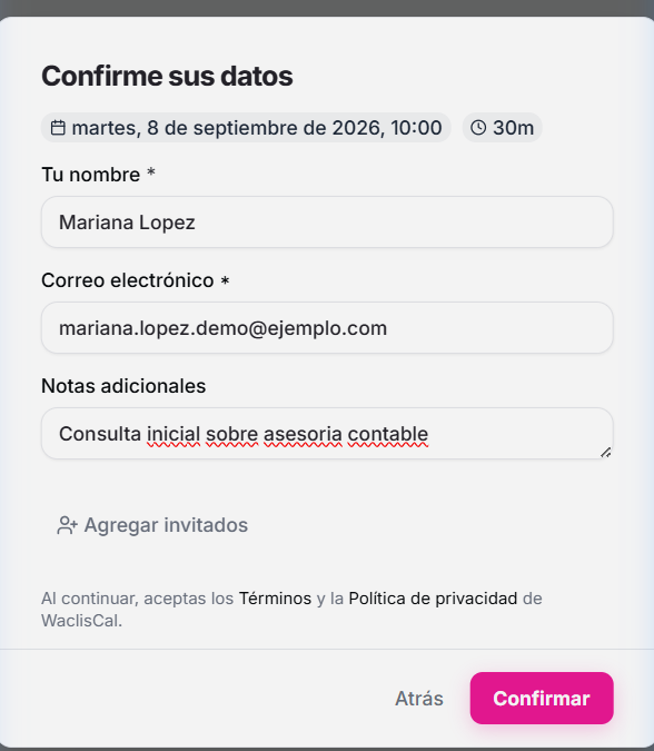Formulario de reserva completado con datos de demostración en WaclisCAL
