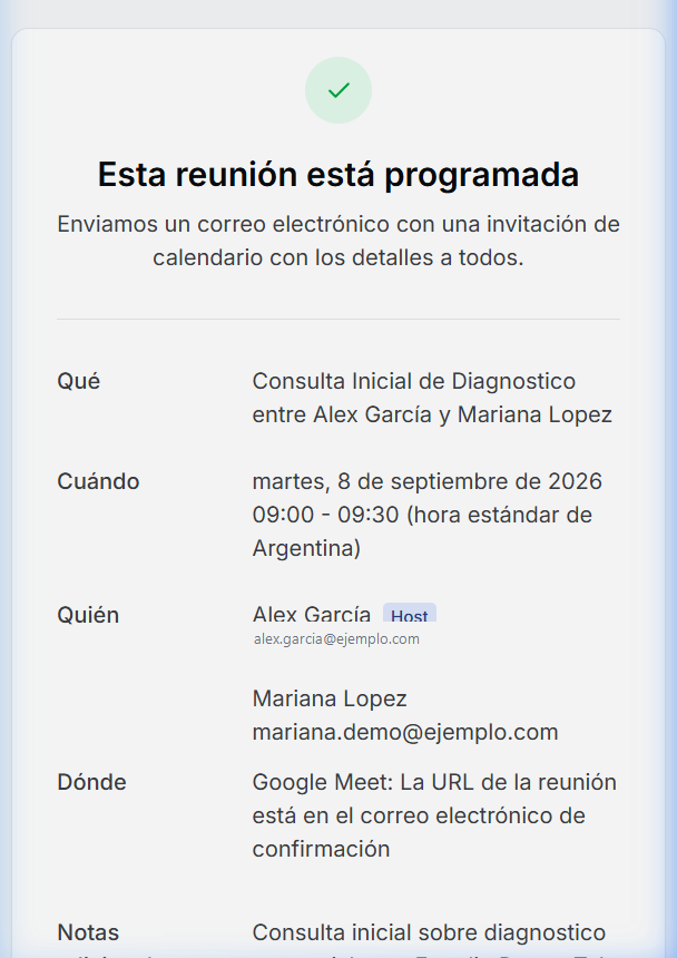 Pantalla de comprobante de cita confirmada que visualiza el cliente