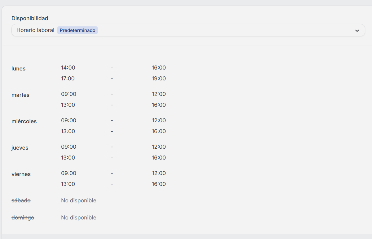 Pestaña de disponibilidad de un Tipo de Evento mostrando el esquema de horarios asignado