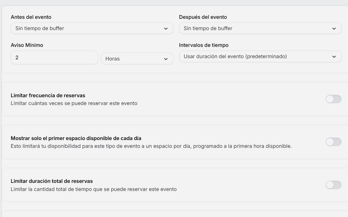 Pestaña de límites en WaclisCAL mostrando configuración de aviso mínimo y ventana futura