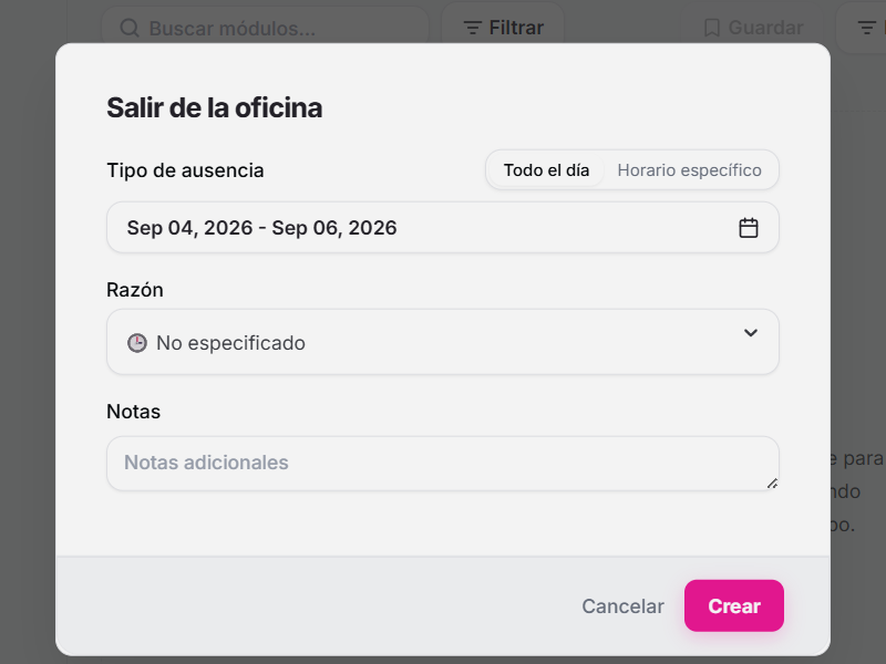 Modal de creación de ausencia de día completo