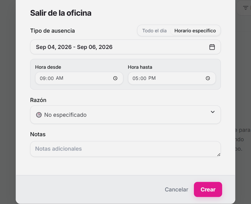 Modal de ausencia en horario puntual específico
