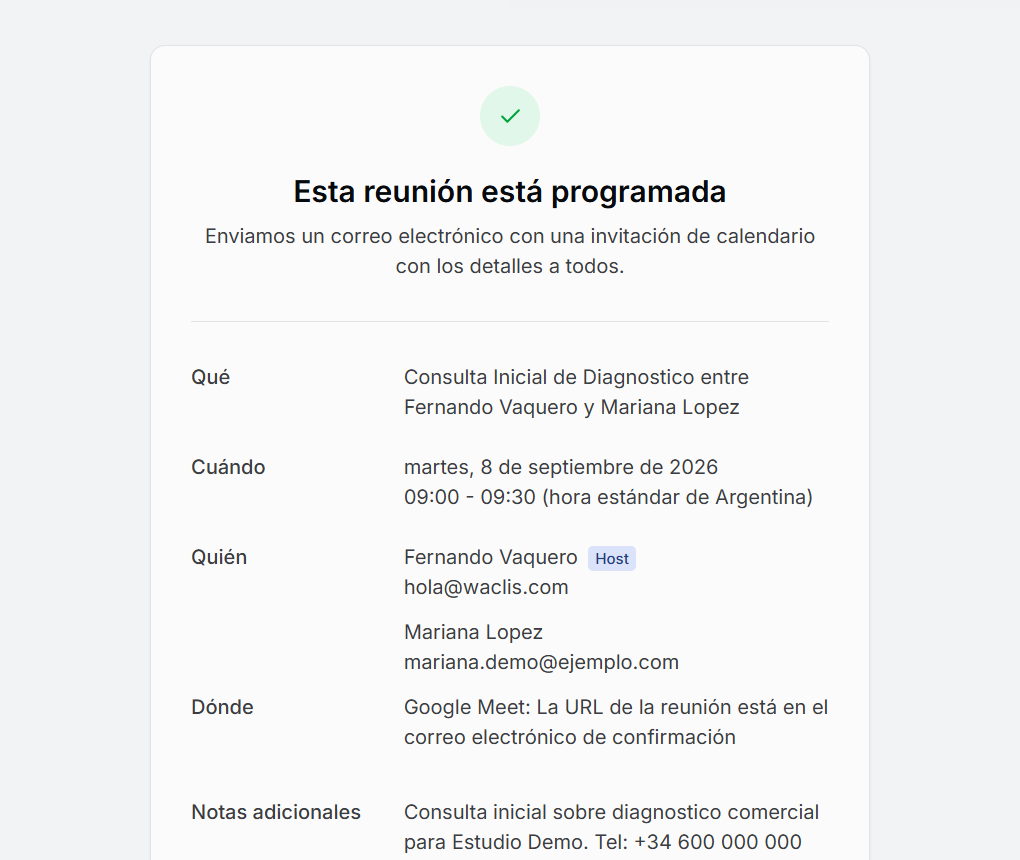 Ficha de detalle de reserva en WaclisCAL con datos del cliente y respuestas del formulario