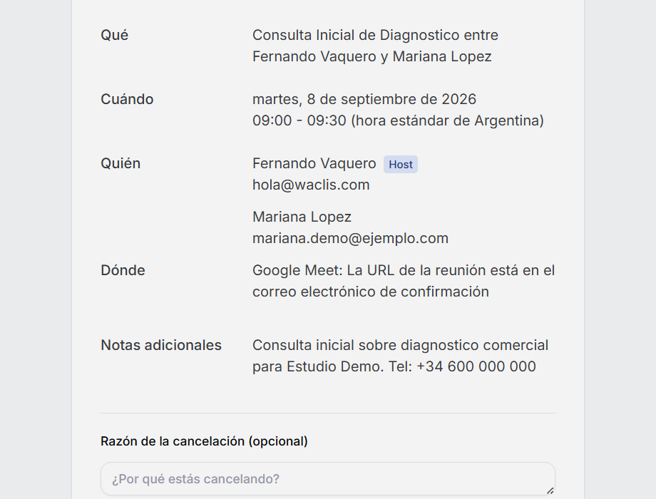 Diálogo de cancelación de reserva en WaclisCAL con campo para ingresar el motivo