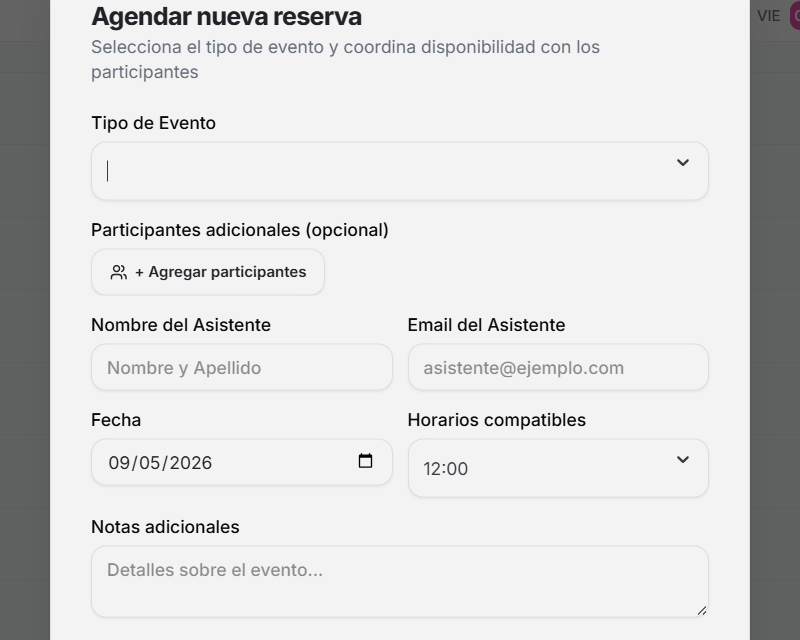 Modal interna de agendamiento manual en WaclisCAL mediante botón + Agendar