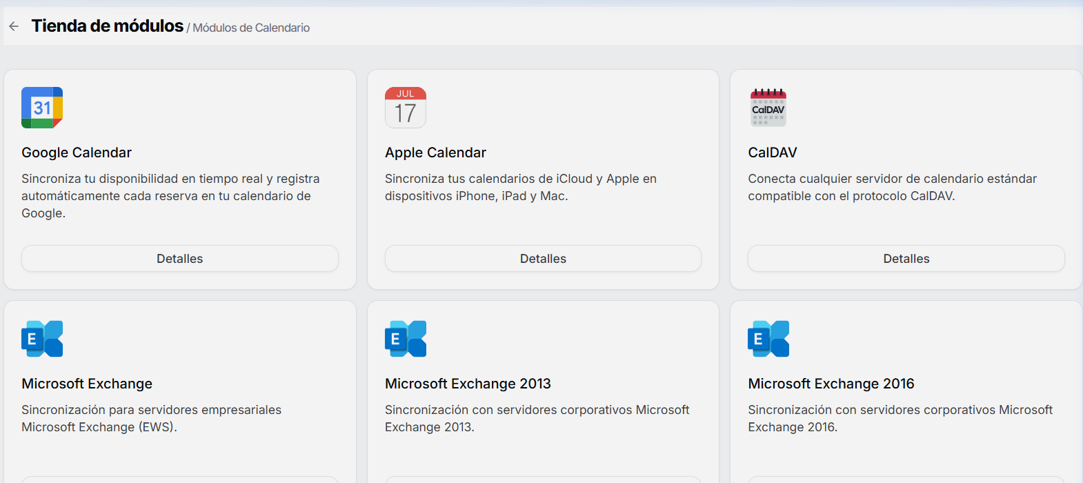 Catálogo de módulos mostrando la integración de Google Calendar