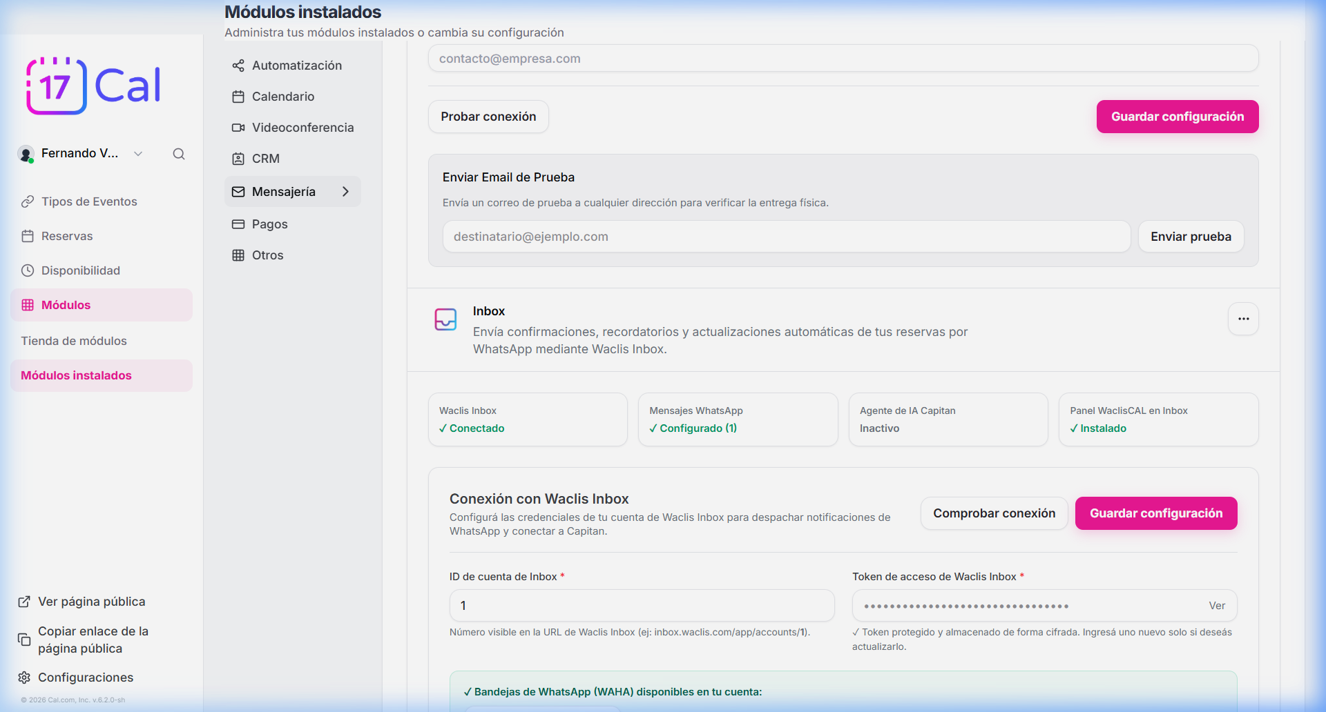 Panel de configuración global de Waclis Inbox con credenciales enmascaradas