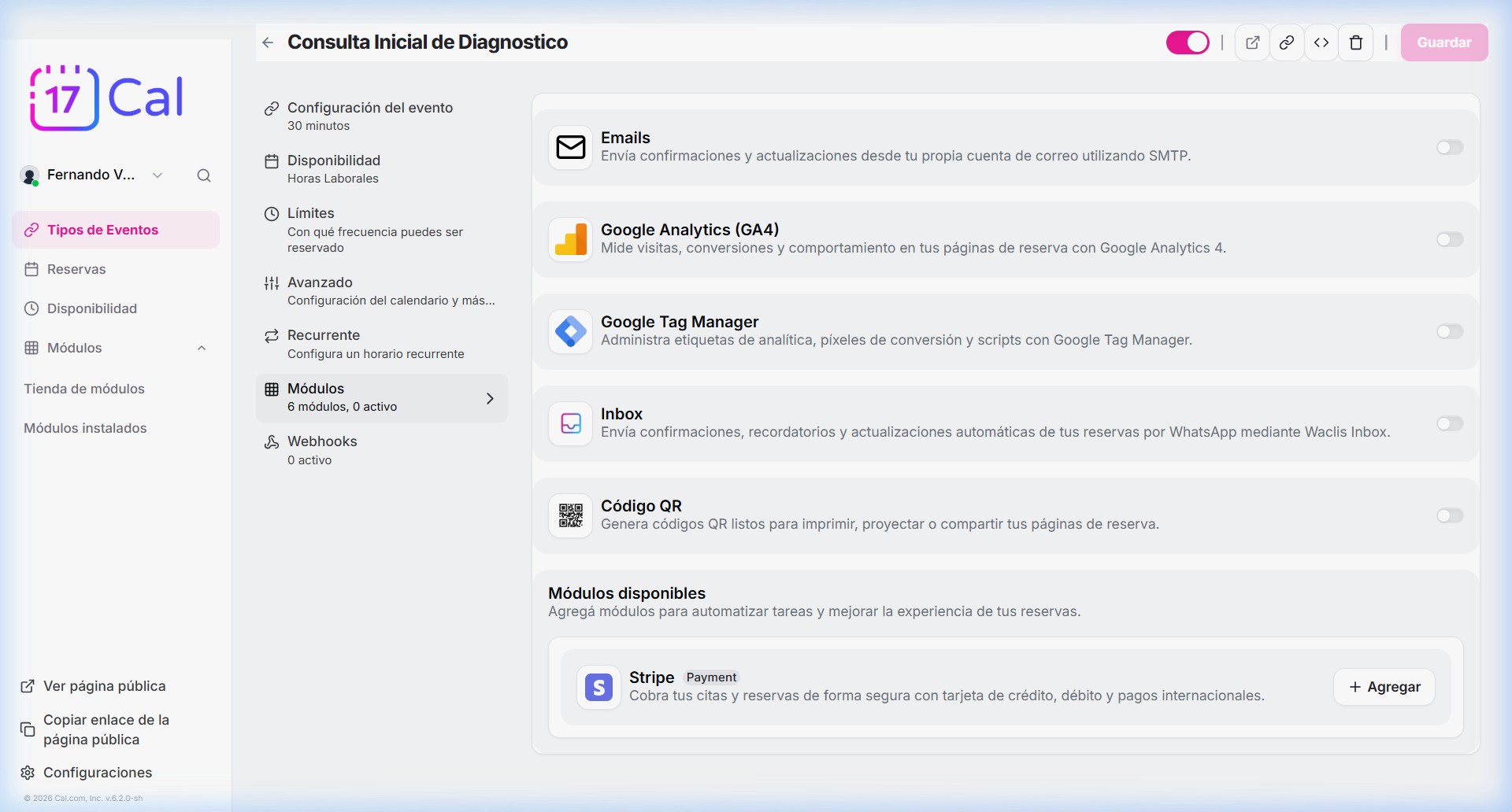 Selector de línea y canal de WhatsApp en la pestaña Apps de Tipo de Evento