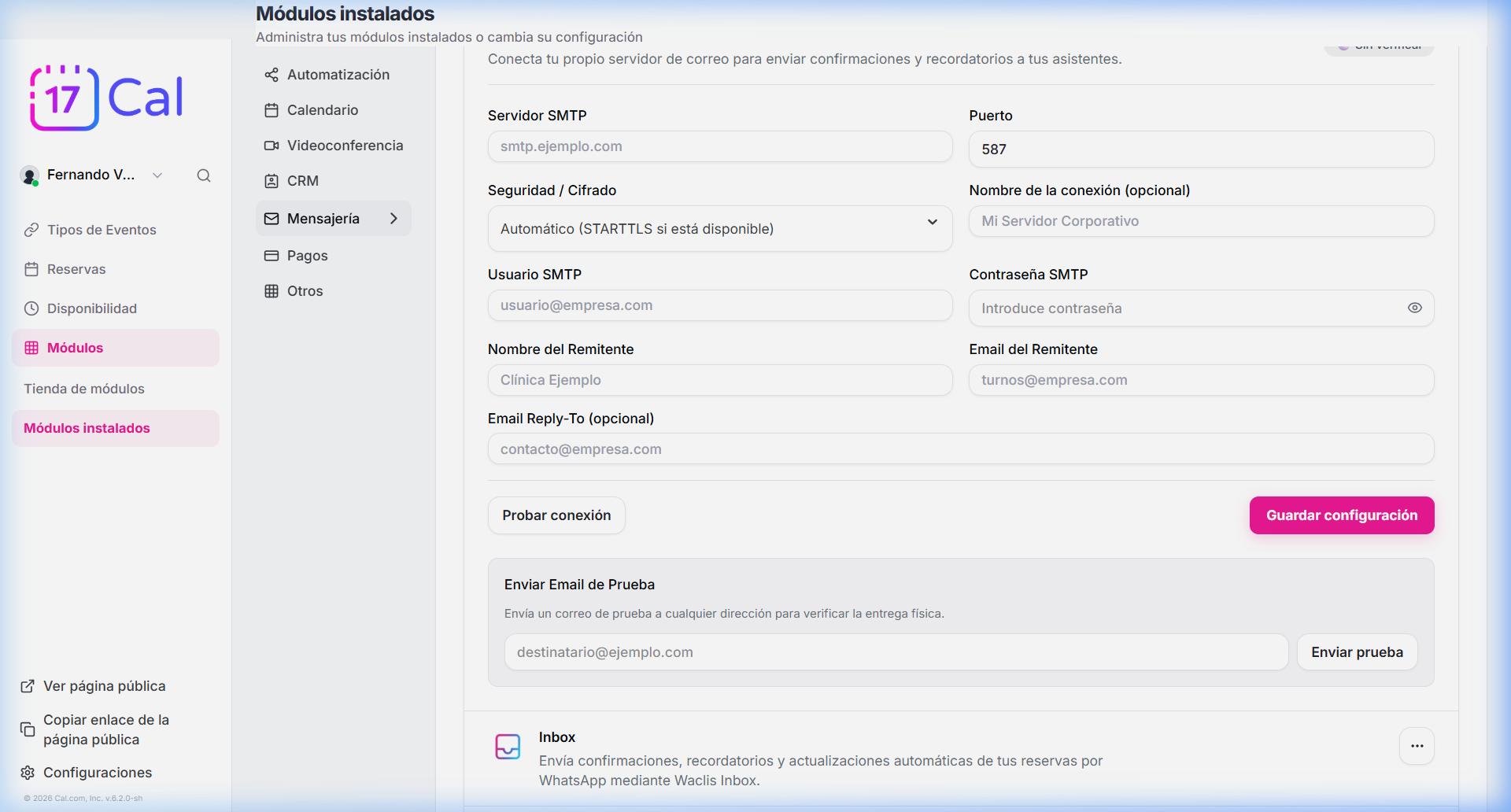 Panel de configuración SMTP mostrando las herramientas de prueba técnica